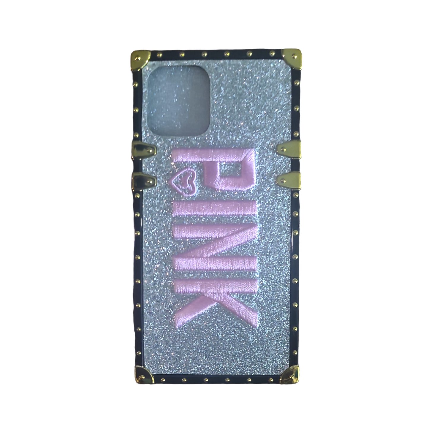 square-shaped Iphone case in pink, black, and silver